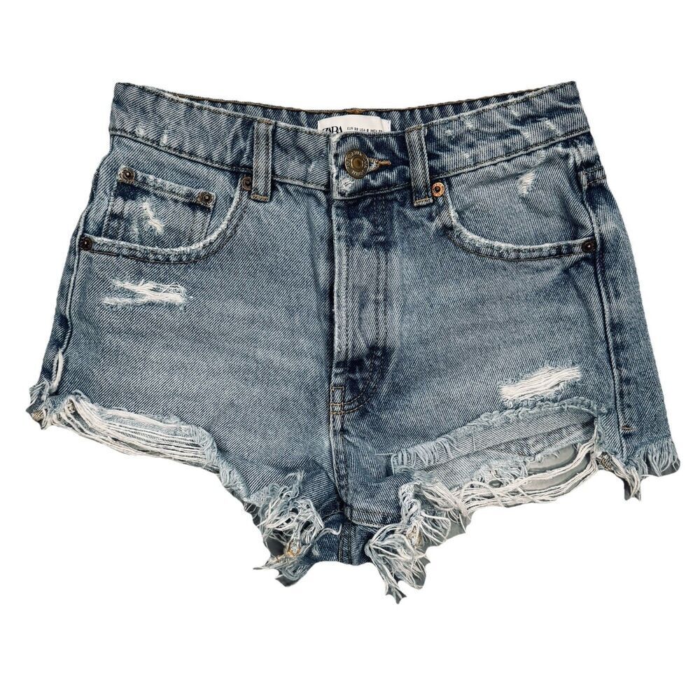 Zara High Rise Button Fly Short Shorts 0 (W24 Inseam 2) Blue Distressed Womens
